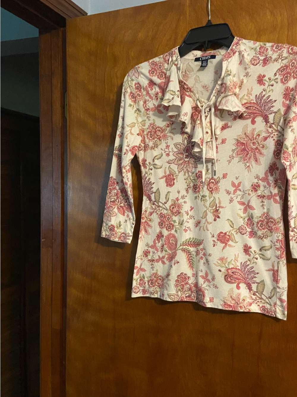 Chaps Cream and Pink Floral Ruffle Tie-Front Blouse